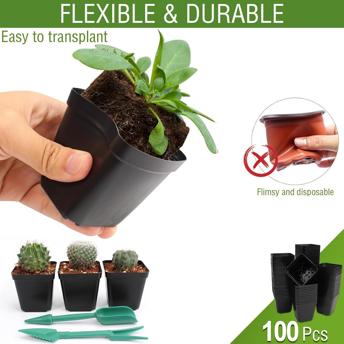 100 Pcs 2.6" Square Nursery Pots for Seeds - Thickened Reusable Plastic Seedling Pots with 60 Plant Labels & Tools - Seed Starter Pots with Drainage for Succulents, Flowers, Cuttings & Greenhouse