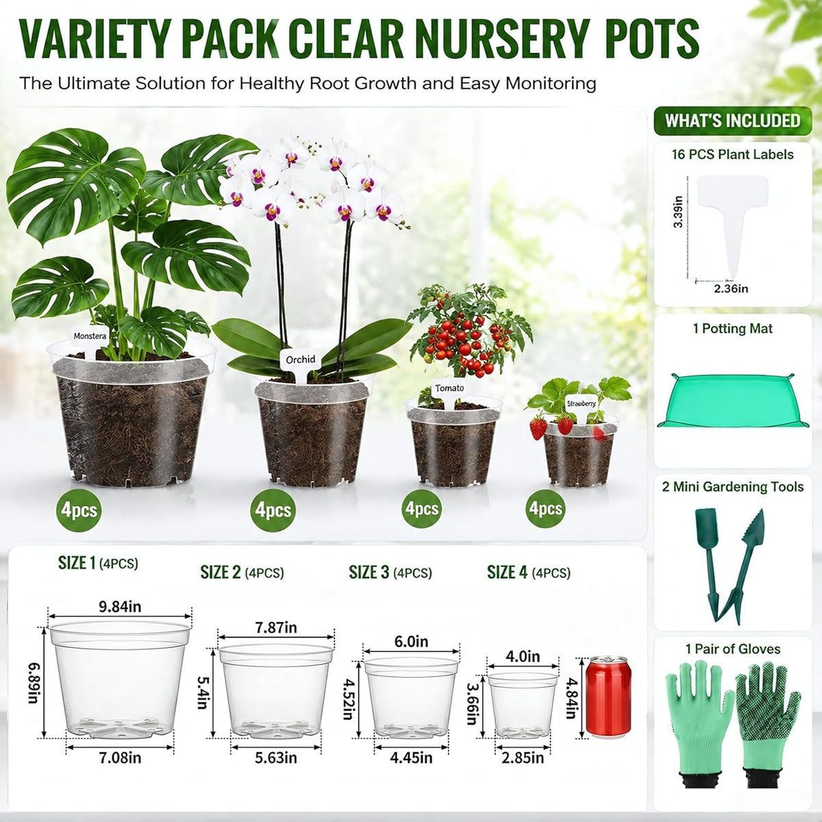 16 Pack 10/8/6/4 Inch Sizes Large Clear Nursery Pots with Drainage