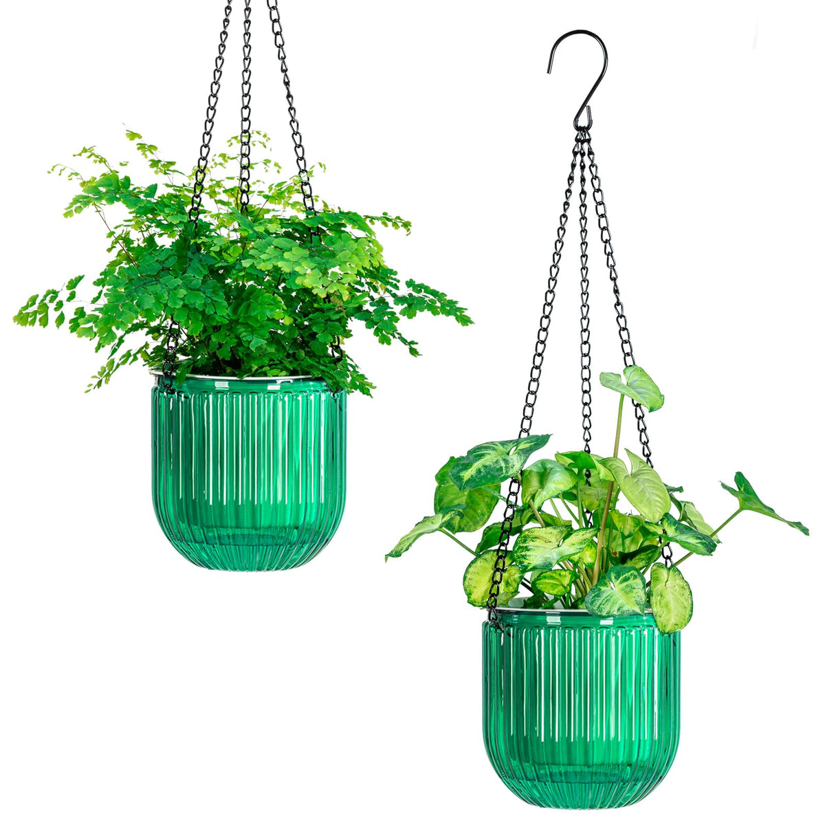 Melphoe 2 Pack Self Watering Hanging Planters Indoor Flower Pots, 6.5 Inch Outdoor Hanging Basket, Plant Hanger with 3Hooks Drainage Holes for Garden Home (Emerald)