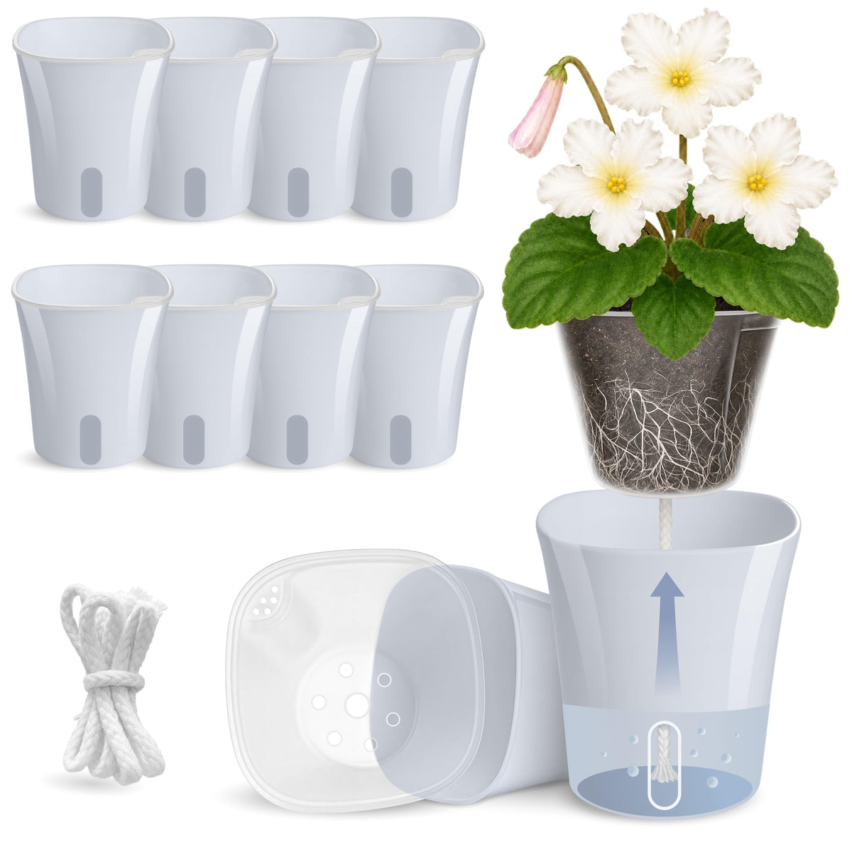 10 Pack 3" Self Watering Pots for Indoor Plants, Clear Inner Cup, Small Pink Plastic Planters, Water Level Indicator, Drainage Holes, Extra 3ft Wick, Cuttings,Seedlings,Herb,African Violet