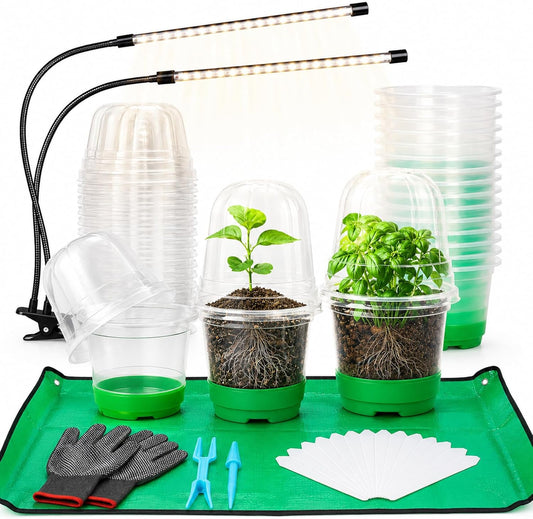 59Pcs Clear Nursery Pots Kits with Grow Light Includes 22 Pack 4'' Seed Starter Pots with Silicone Base & Lids, Clear Plant Pots for Propagation, Seedling Pots Kit with Drainage, Labels, Repotting Mat