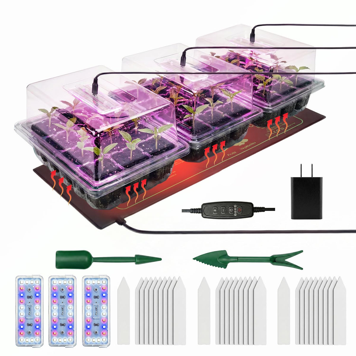 Seed Starter Tray 3 Pack with Heating Mat & 24 Full Spectrum LEDs Grow Light – Auto Cycle Timer, Humidity Dome Ventilation Cover, Drainage Holes, Includes Gardening Tools – Green Version