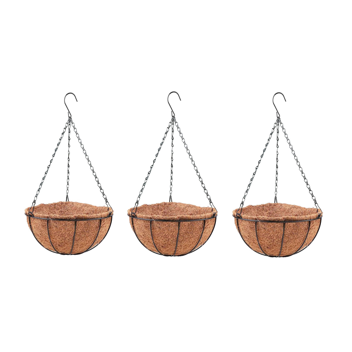 LaLaGreen Round Hanging Baskets (10 in, 2 Pack) Black Metal Coco Liner Pots