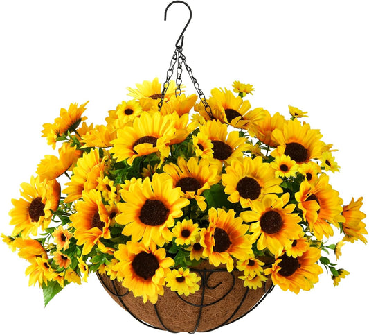 Artificial Sunflowers Fake Hanging Flowers Baskets for Outdoor Decoration