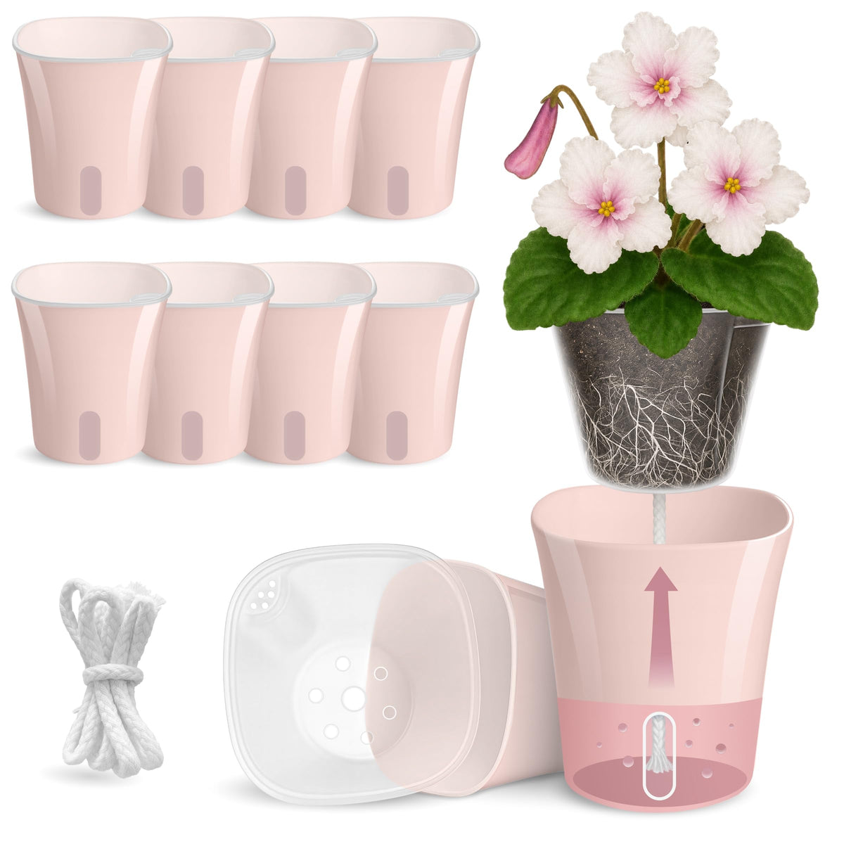 10 Pack 3" Self Watering Pots for Indoor Plants, Clear Inner Cup, Small Pink Plastic Planters, Water Level Indicator, Drainage Holes, Extra 3ft Wick, Cuttings,Seedlings,Herb,African Violet