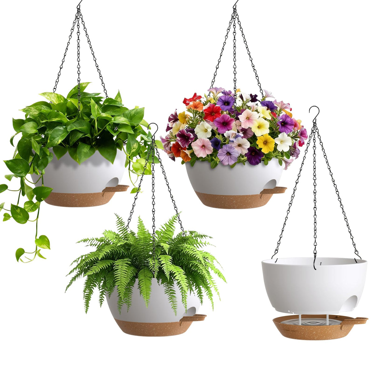 UOUZ 4 Pack 8 Inch Self Watering Hanging Planters for Indoor Outdoor Plants，Hanging Pots for Plants with Drainage Removable Tray, Hanging Baskets Flower Pots for Pothos Spider Garden Black with Brown