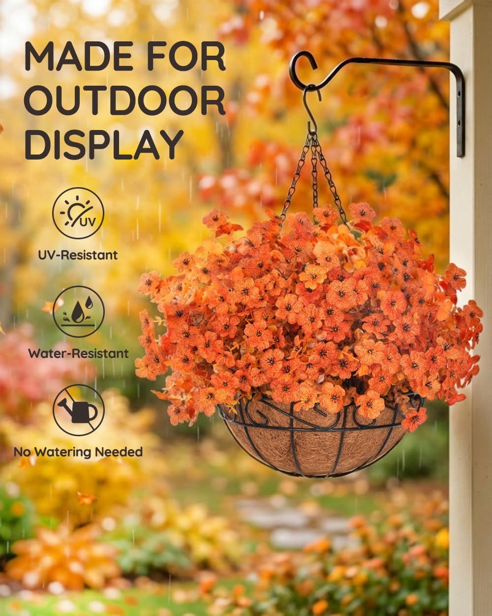 Artificial Fake Orange Fall Mums Flowers Planter Hanging Basket for Outdoor