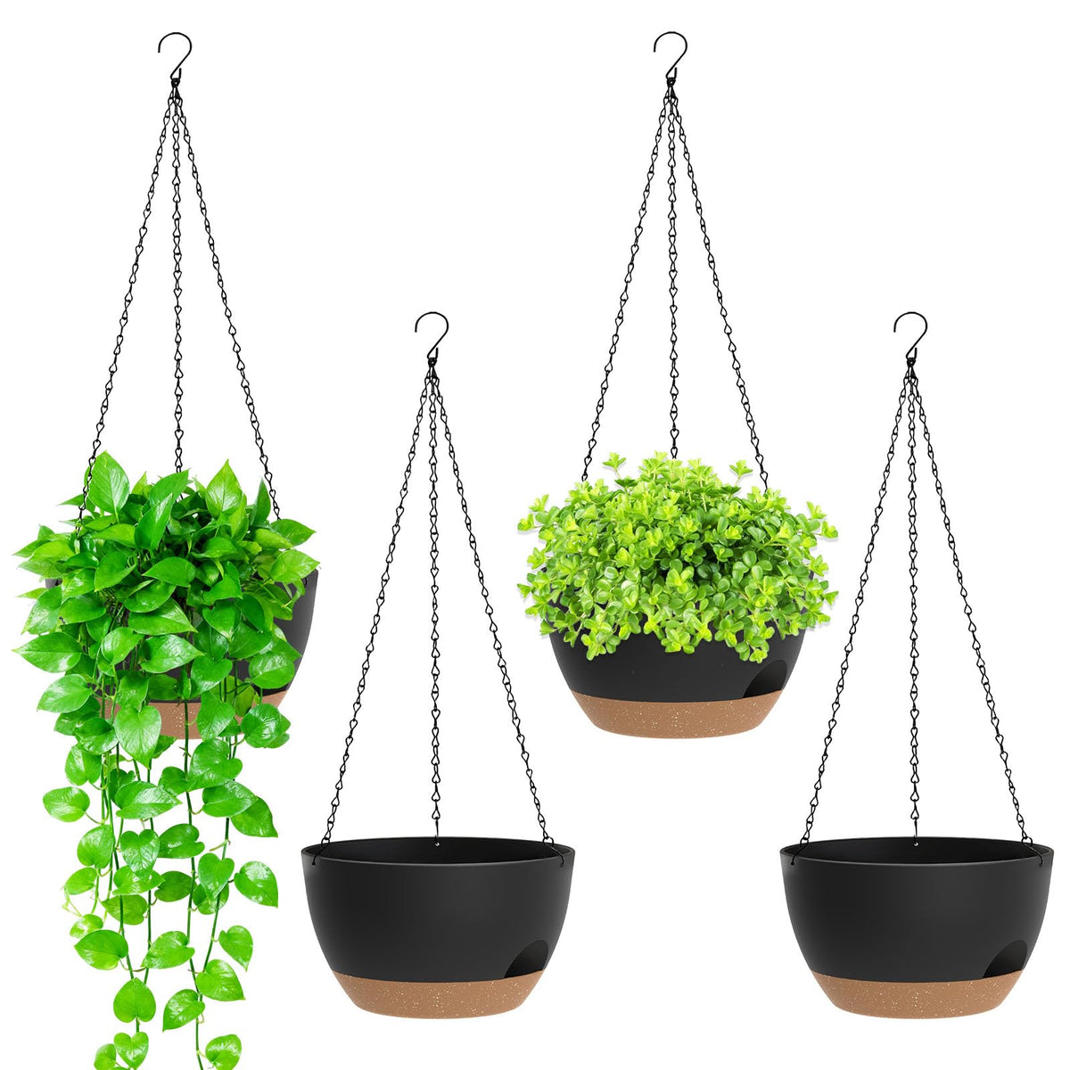 8 Inch Hanging Planters for Indoor Outdoor Plants, 4 Pack Black Plastic Self Watering Hanging Baskets with Drainage Holes and Chain for Garden Porch
