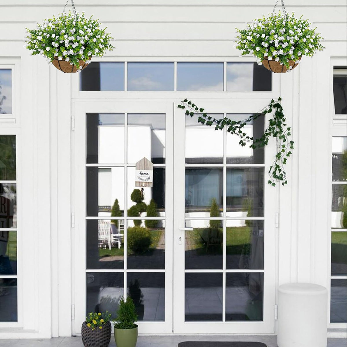 NETAP Artificial Hanging Flowers Basket for Outdoor, 16 Fake Flowers Look Real UV Resistant, Faux Hanging Plants for Porch, Balcony, Patio, Garden, Spring Summer Decor,White