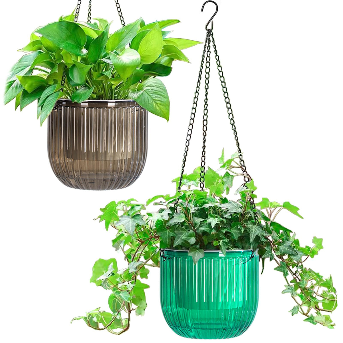 Melphoe 2 Pack Self Watering Hanging Planters Indoor Flower Pots, 6.5 Inch Outdoor Hanging Basket, Plant Hanger with 3Hooks Drainage Holes for Garden Home (Emerald)