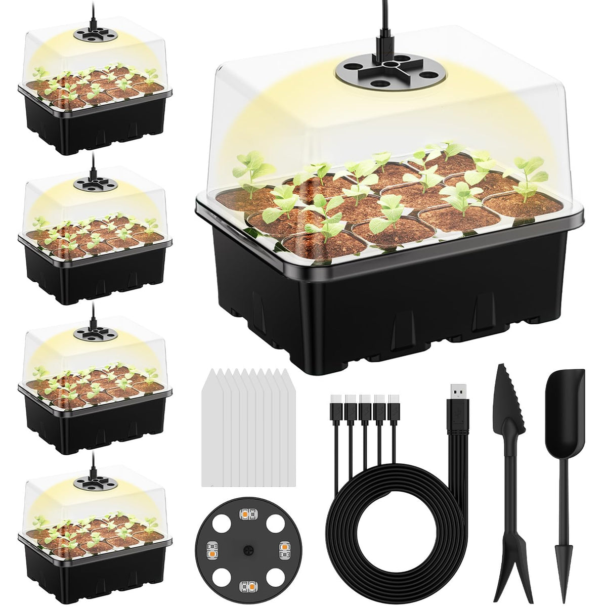 Seed Starter Tray with Grow Light, 5 Pack 60 Cells Seed Starter kit with Humidity Dome and Base, Plant Seedling Trays Indoor Greenhouse Gardening (Black 5 Pack)
