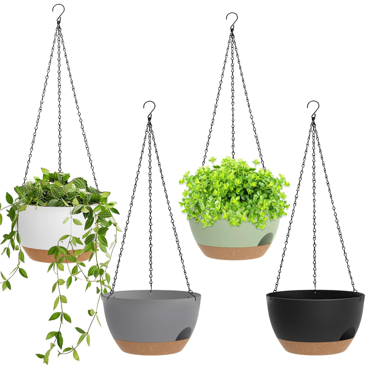 8 Inch Hanging Planters for Indoor Outdoor Plants, 4 Pack Black Plastic Self Watering Hanging Baskets with Drainage Holes and Chain for Garden Porch