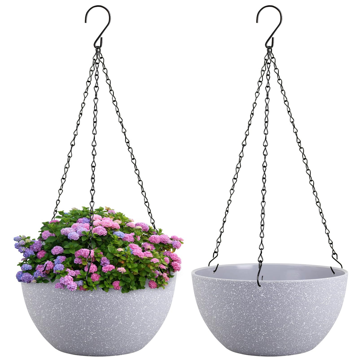Meowell 10 inch Hanging Planters for Indoor Outdoor Plants, 2 Pack Hanging Flower Pots with Drainage Holes and Chain for Garden Porch, Round Plastic Hanging Baskets for House Plants, Black