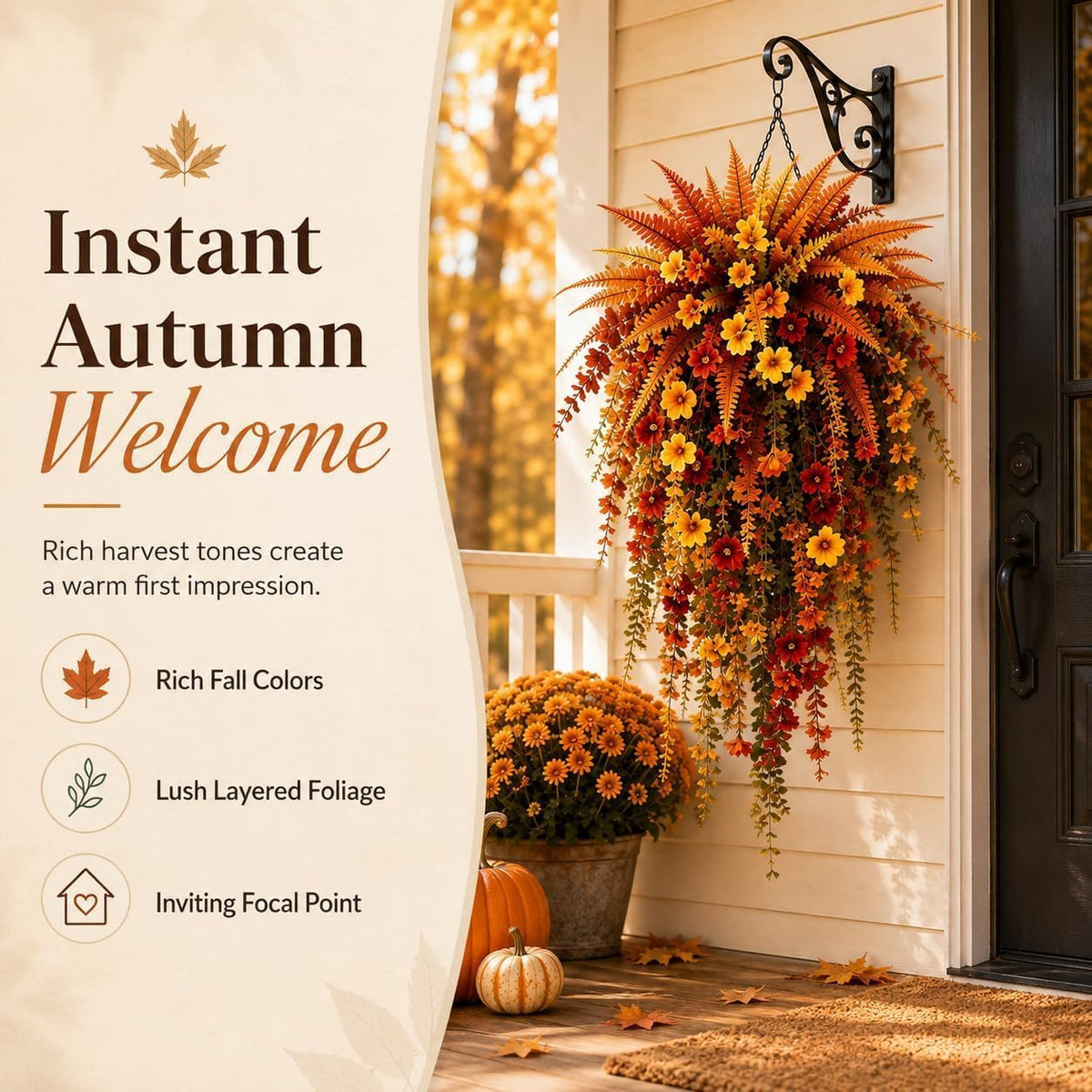 Artificial Fall Harvest Hanging Flowers Decor Outdoor，Orange*1