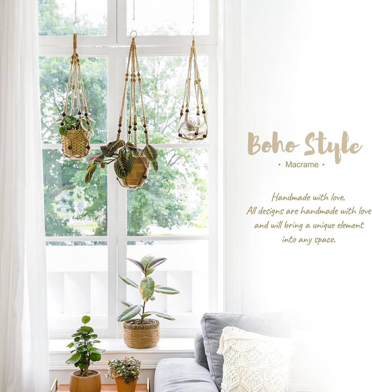 Mkono 3 Pack Macrame Plant Hangers Hanging Planters for Indoor Plants Brown