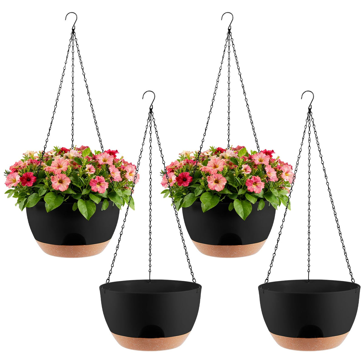 4-Piece Set of 8-Inch Hanging Planters with Automatic Watering System and Drip Tray, Includes Metal Chain, Suitable for Various Indoor and Outdoor Plants and Flowers, Black-Brown