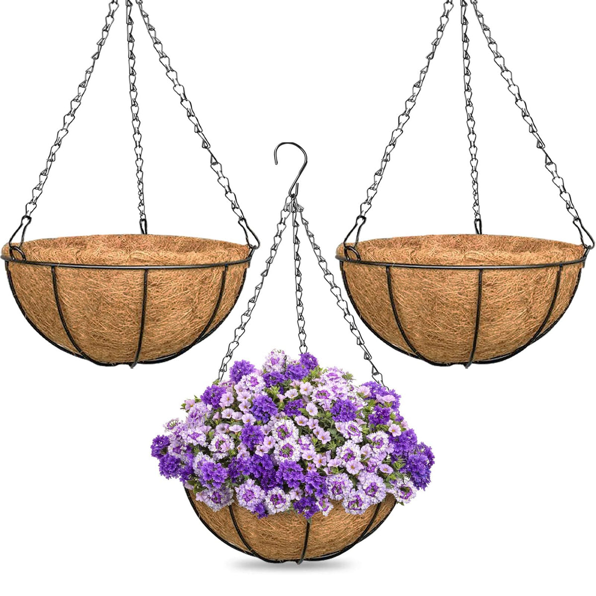 ZeeDix 2 Pack 14 Inch Hanging Baskets for Plants Outdoor, Metal Wire Round Planters with Coco Liner, Hanging Flower Baskets for Home Garden Porch Balcony Railings Decor