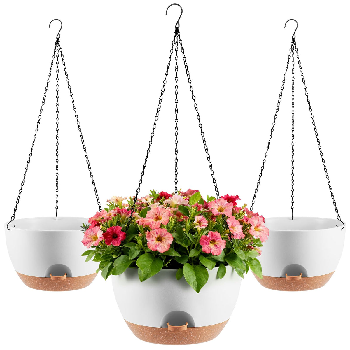 4-Piece Set of 8-Inch Hanging Planters with Automatic Watering System and Drip Tray, Includes Metal Chain, Suitable for Various Indoor and Outdoor Plants and Flowers, Black-Brown