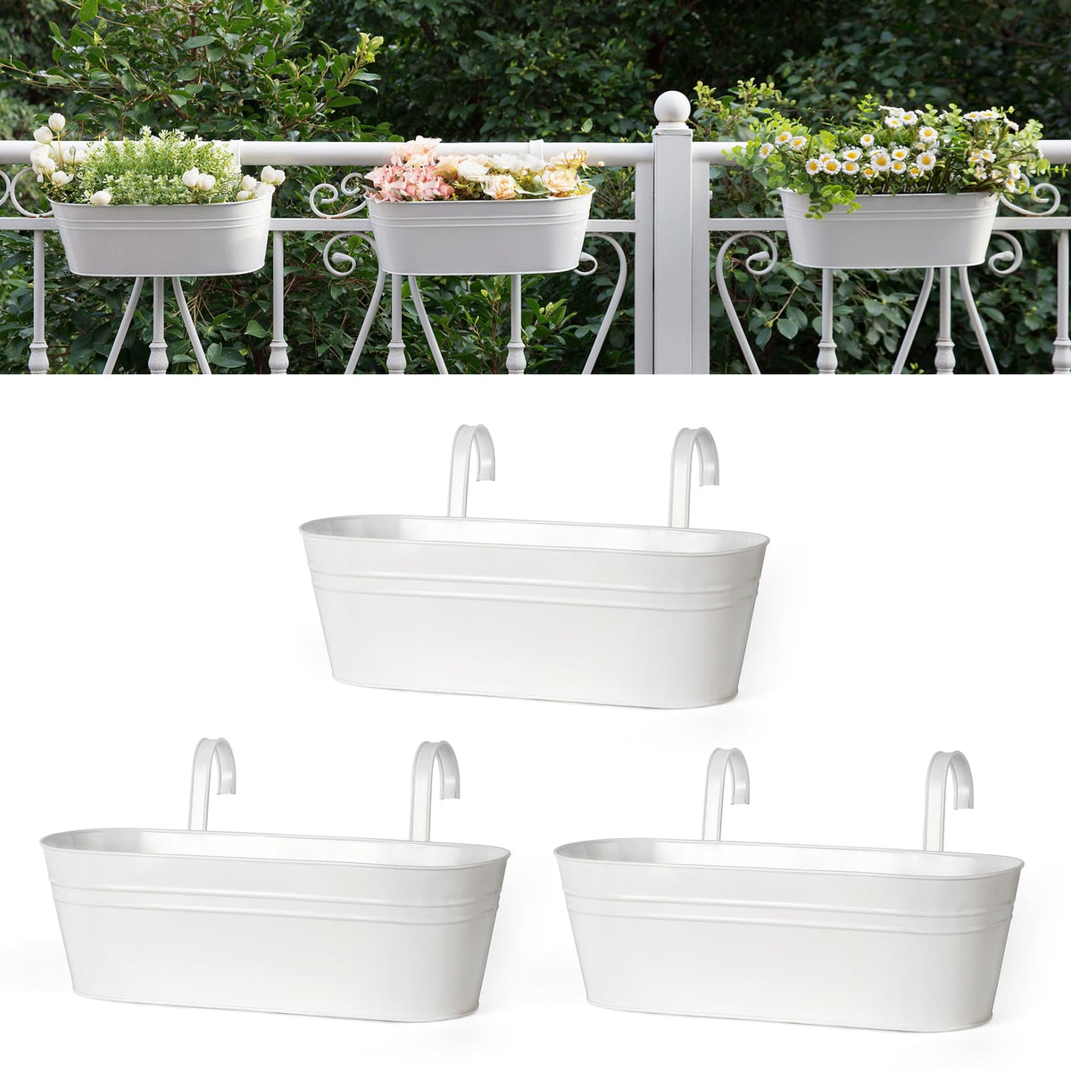 Dahey 15 Inches Railing Planter Box 3 Pcs Metal Hanging Flower Pots, Black