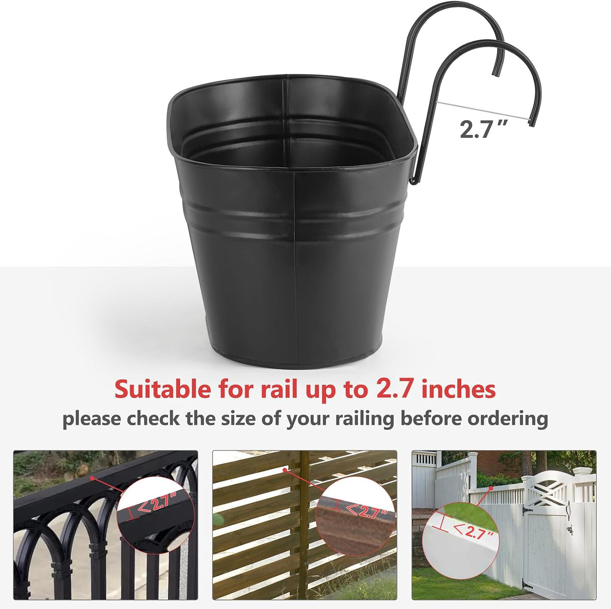 Dahey 15 Inches Railing Planter Box 3 Pcs Metal Hanging Flower Pots, Black