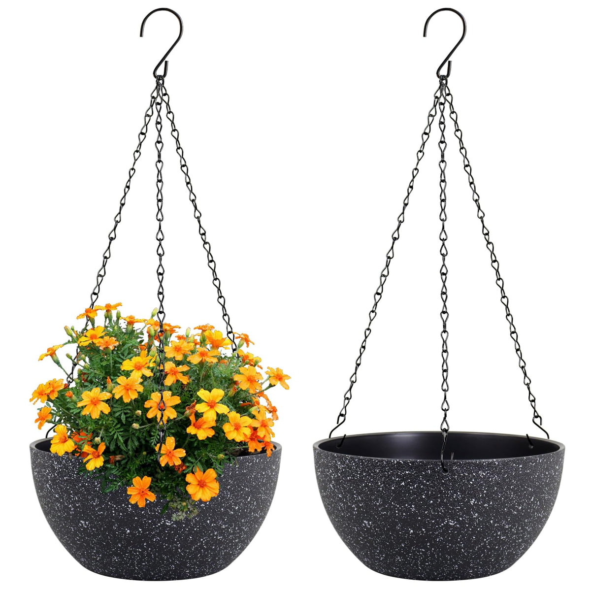 Meowell 10 inch Hanging Planters for Indoor Outdoor Plants, 2 Pack Hanging Flower Pots with Drainage Holes and Chain for Garden Porch, Round Plastic Hanging Baskets for House Plants, Black