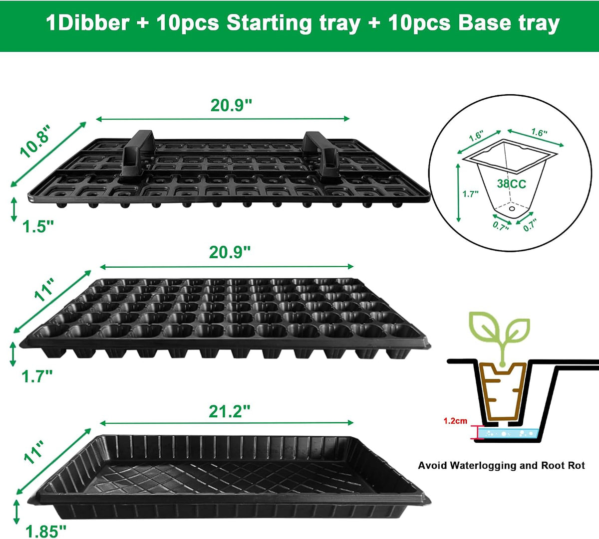 20Pack 72-Cell Seed Starter Trays with Base Tray & Dibber for Gardening.