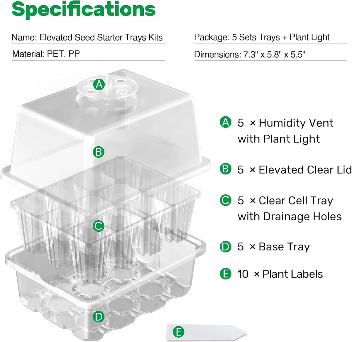 Bonviee 10-Pack Seed Starter Trays, Tall Dome, Base, 12-Cell Tray, Clear