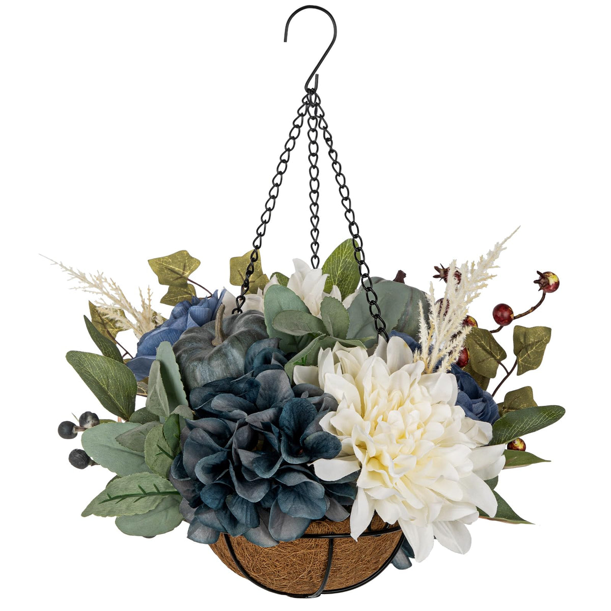 Hollyone 11" Fall Hanging Baskets Hydrangea Peonies Small Artificial Flowers Fall Hanging Decor Hydrangea Fake Flowers Faux Plants Red Orange Indoor Outdoor Porch Patio Garden Autumn Home Decorations