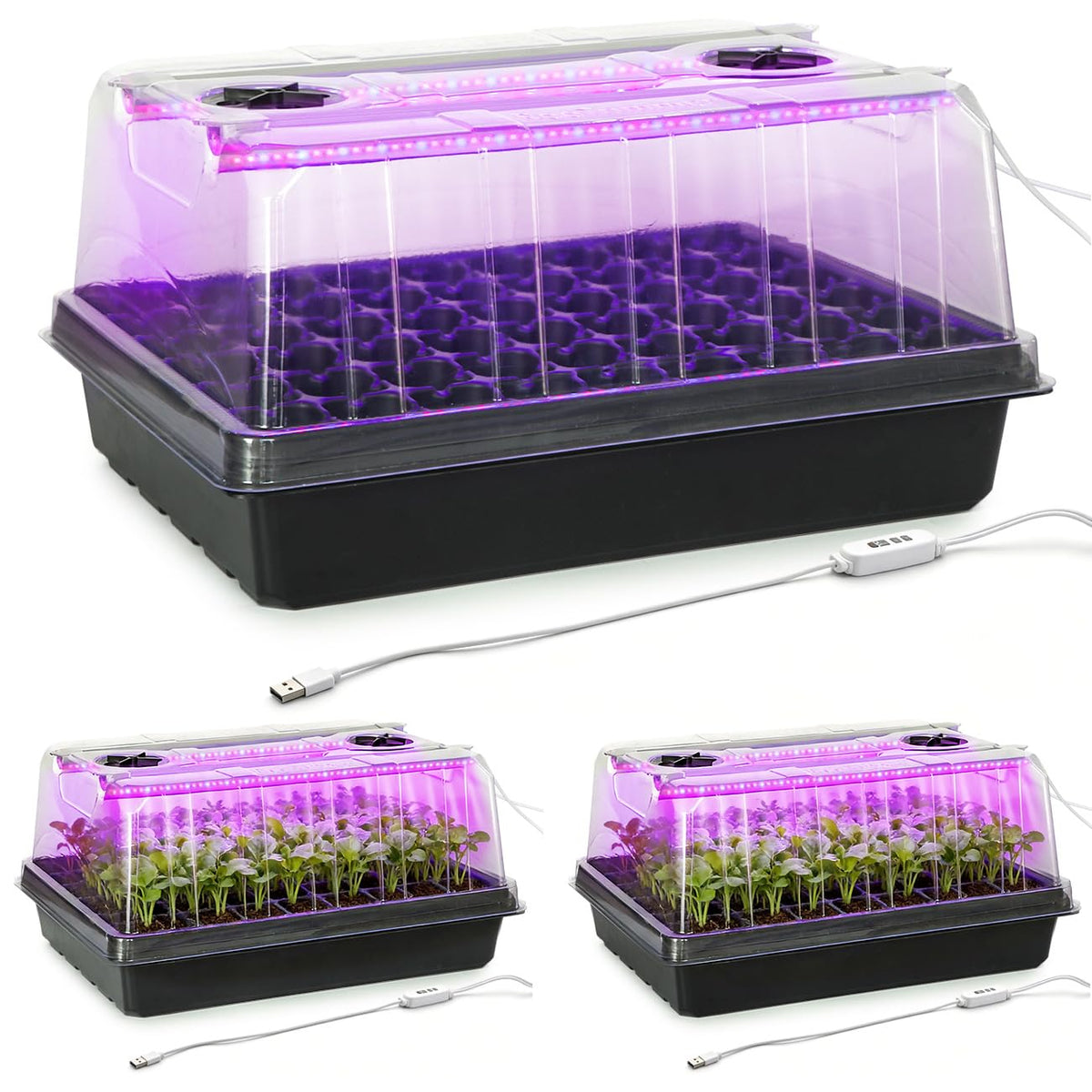3-Pack Seed Starter Trays with 5" Tall Humidity Domes & 54-Cell Deep Trays