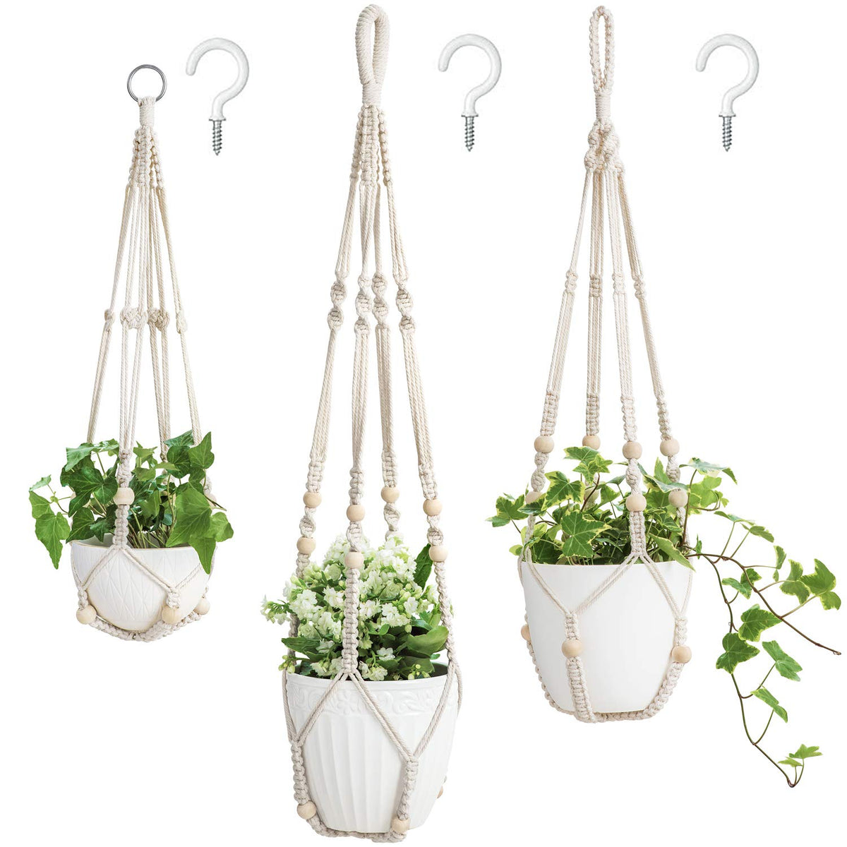 Mkono 3 Pack Macrame Plant Hangers Hanging Planters for Indoor Plants Brown