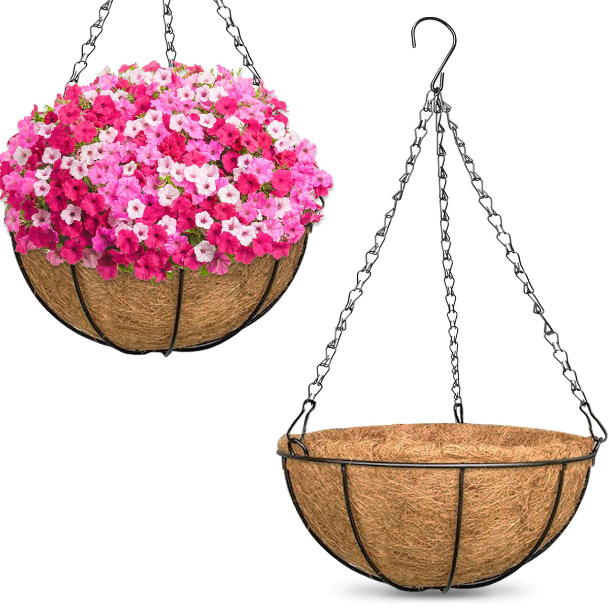 ZeeDix 2 Pack 14 Inch Hanging Baskets for Plants Outdoor, Metal Wire Round Planters with Coco Liner, Hanging Flower Baskets for Home Garden Porch Balcony Railings Decor