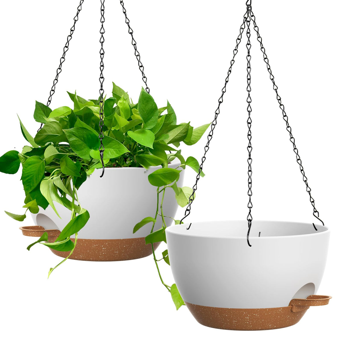 UOUZ 13 Inch 2 Pack Large Self Watering Hanging Planters for Indoor Outdoor Plants, Hanging Plant Pots with Removable 50 Oz Reservoir, Plastic Hanging Basket for Window Porch Garden, Black with Brown