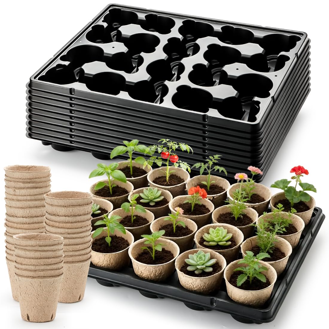 RooTrimmer 12 Cell Round Nursery Pots Trays Thickened Durable Seedling Pots Shuttle Carrying Trays for Holding 4 inch Nursery Pots (16.85" × 12.6", 10-Pack)