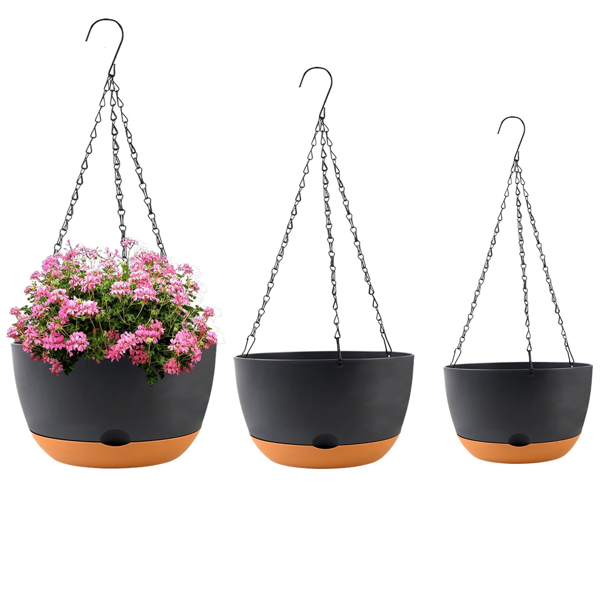 KPUVX 4 Pack Plastic Hanging pots for Plants Indoor,8 Inch Plant Pot Indoor Outdoor Hanging Baskets,Hanging Flower Pots with Drainage Holes and Chain for Garden Porch Plants(Black)
