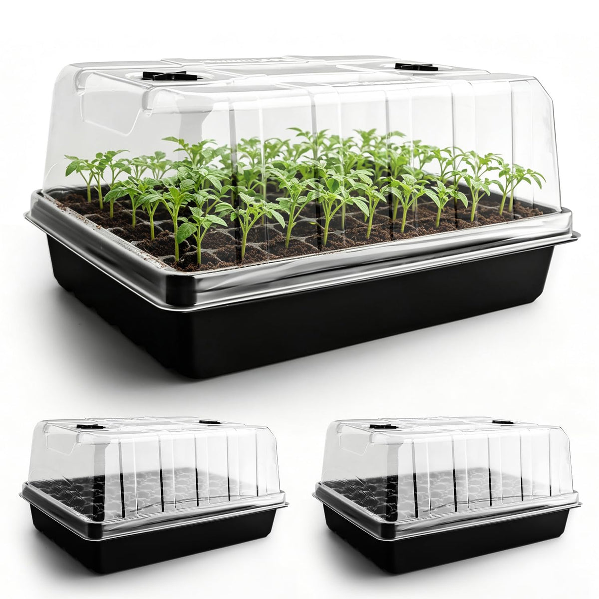 3-Pack Seed Starter Trays with 5" Tall Humidity Domes & 54-Cell Deep Trays