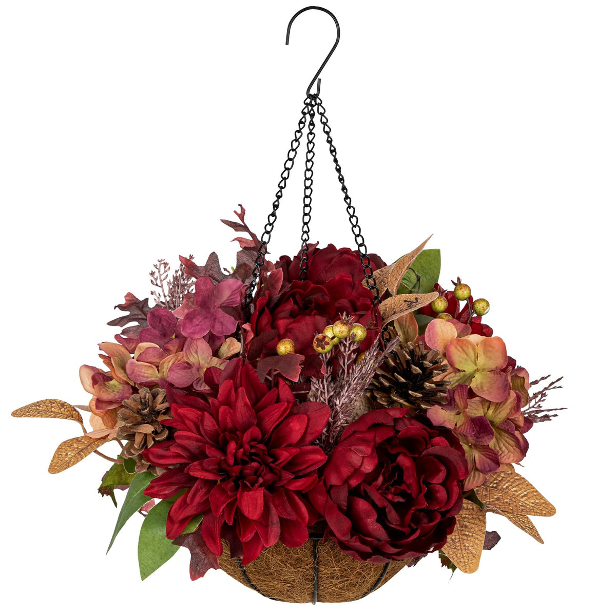 Hollyone 11" Fall Hanging Baskets Hydrangea Peonies Small Artificial Flowers Fall Hanging Decor Hydrangea Fake Flowers Faux Plants Red Orange Indoor Outdoor Porch Patio Garden Autumn Home Decorations