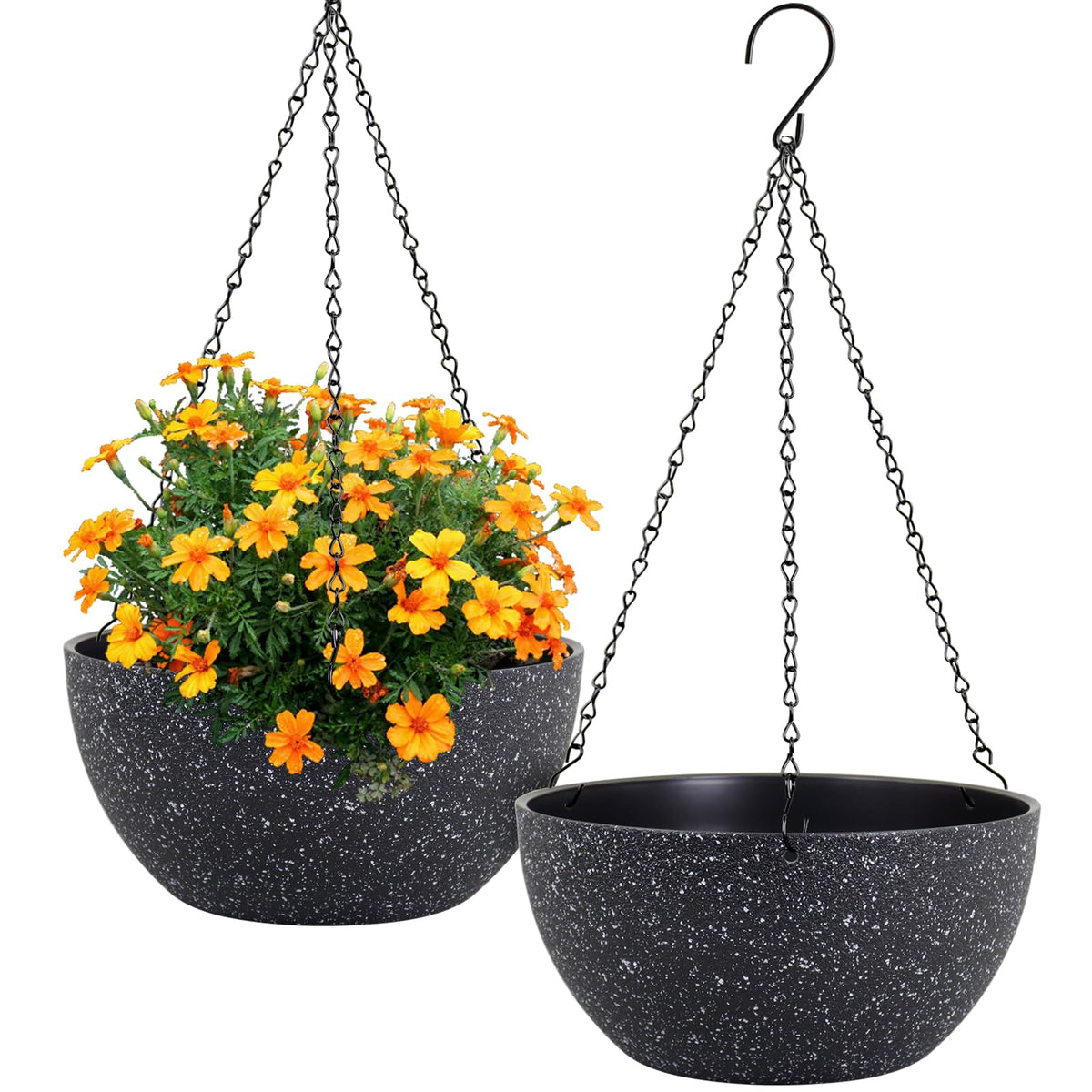 Meowell 10 inch Hanging Planters for Indoor Outdoor Plants, 2 Pack Hanging Flower Pots with Drainage Holes and Chain for Garden Porch, Round Plastic Hanging Baskets for House Plants, Black