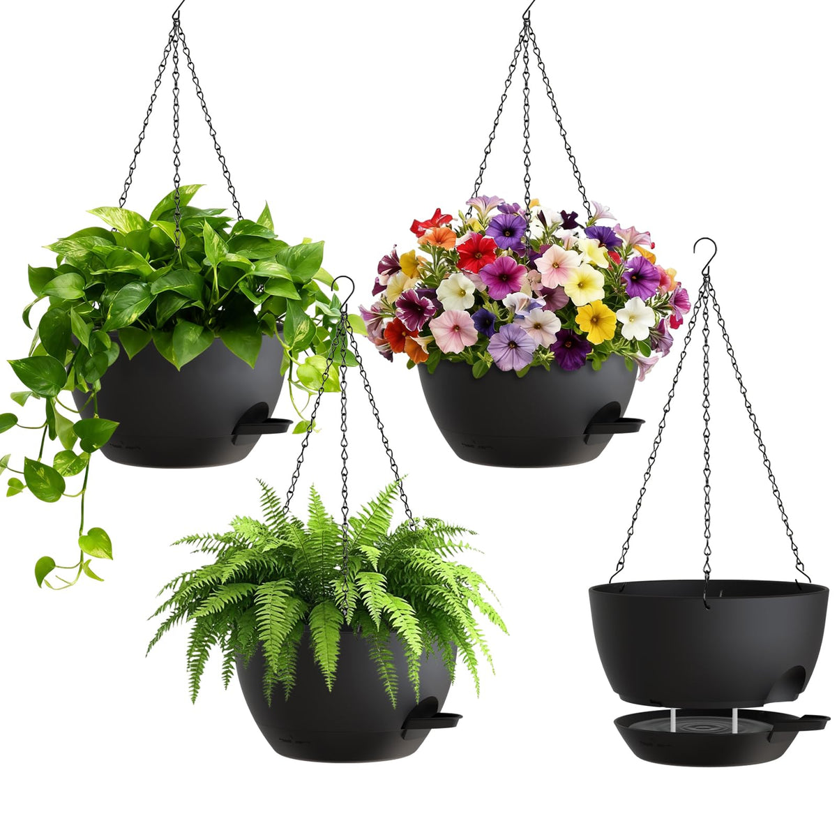 UOUZ 4 Pack 8 Inch Self Watering Hanging Planters for Indoor Outdoor Plants，Hanging Pots for Plants with Drainage Removable Tray, Hanging Baskets Flower Pots for Pothos Spider Garden Black with Brown