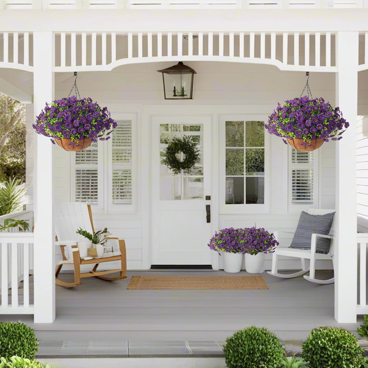 Hananona 2 Set Artificial Outdoor Flowers with Hanging Basket, 2 Hanging Planters with 24 Pcs Flowers for Spring Summer Front Porch Garden Patio Home Decor (2, Purple)