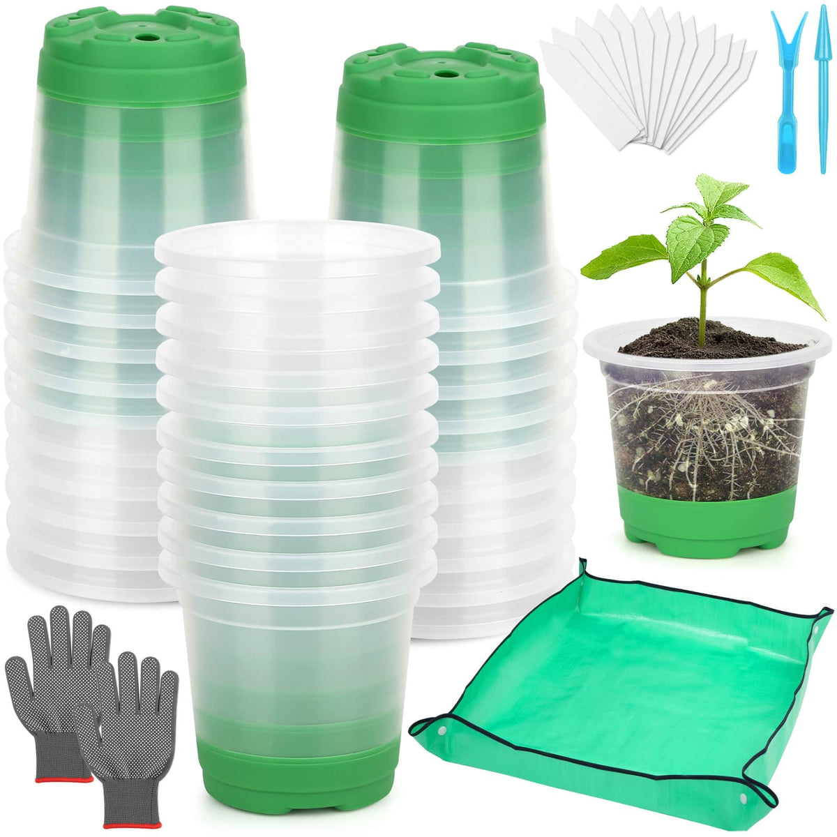 Caffox 45PCS Reusable Seed Starter Kit Includes 20 Packs 5" Clear Nursery Pots with Silicone Base, Repotting Mat, Gardening Gloves, Plant Labels and Seedling Tools for Easy Transplant