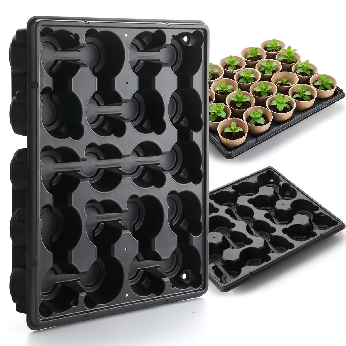 RooTrimmer 4 Inch 60 Pack Nursery Pots with Humidity Domes & 5 Pack 12 Cell Round Seedling Pot Carrying Trays, Sturdy Seeds Starter Pot Germination Set, Small Planter Nursery Propagation 5 Sets