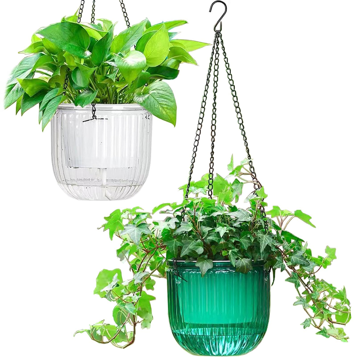 Melphoe 2 Pack Self Watering Hanging Planters Indoor Flower Pots, 6.5 Inch Outdoor Hanging Basket, Plant Hanger with 3Hooks Drainage Holes for Garden Home (Emerald)