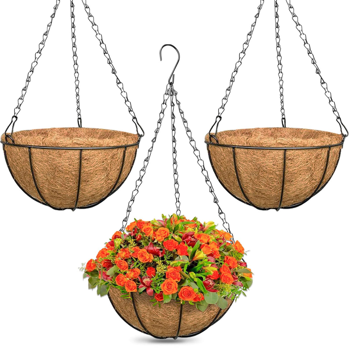 ZeeDix 2 Pack 14 Inch Hanging Baskets for Plants Outdoor, Metal Wire Round Planters with Coco Liner, Hanging Flower Baskets for Home Garden Porch Balcony Railings Decor