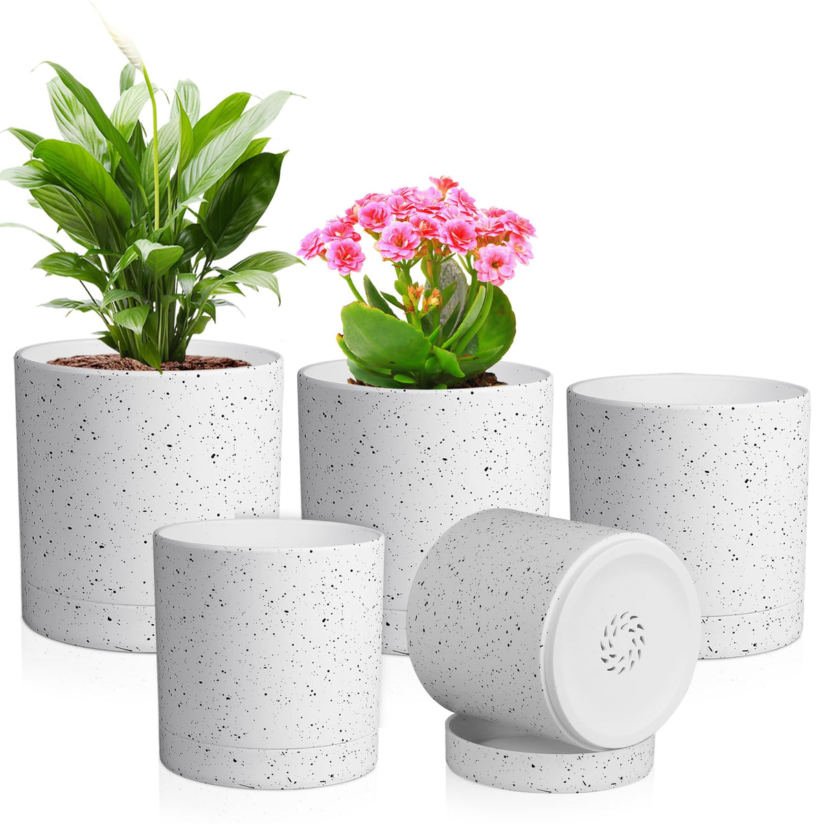 Meowell 8/7/6 inch Plant Pots, 3 Set Cylinder Flower Pots for Outdoor Indoor Plants, Decorative Plastic Planters with Drainage Holes and Saucers for Garden House Plants, Black