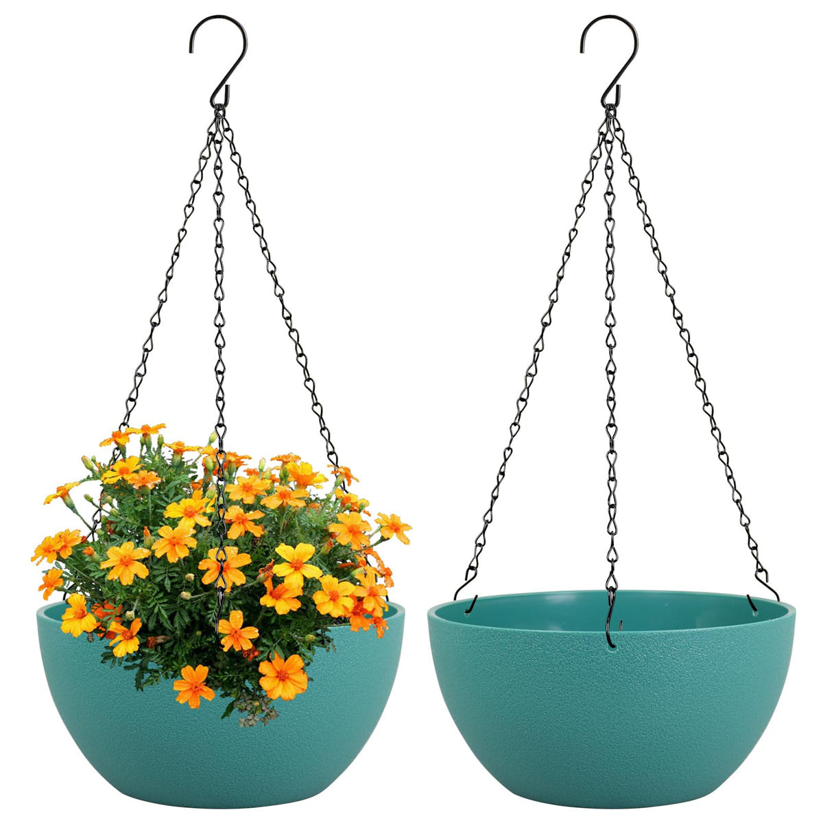 Meowell 10 inch Hanging Planters for Indoor Outdoor Plants, 2 Pack Hanging Flower Pots with Drainage Holes and Chain for Garden Porch, Round Plastic Hanging Baskets for House Plants, Black