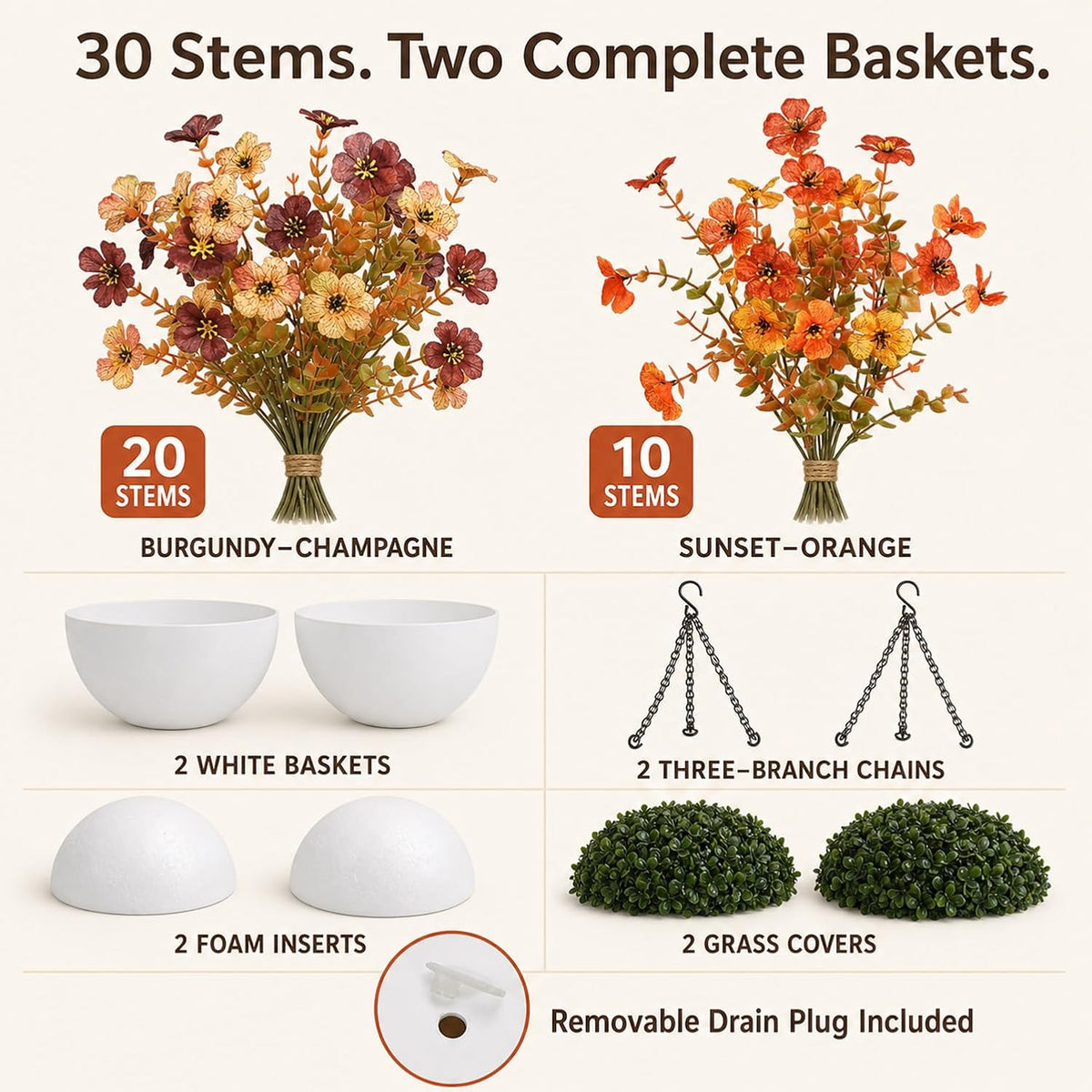 2 Sets of Artificial Hanging Flowers for Outdoors, Fall Mum Hanging Baskets