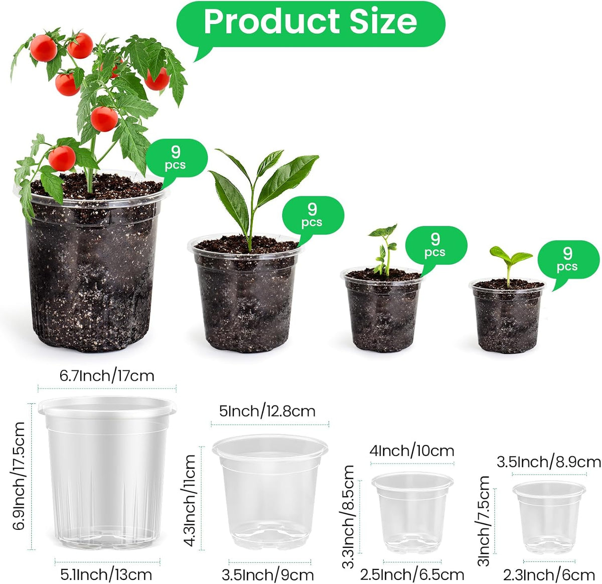 Bluepro Clear Nursery Pots with Drainage Holes, 3.5/4/5/7 Inch, 36-Pack
