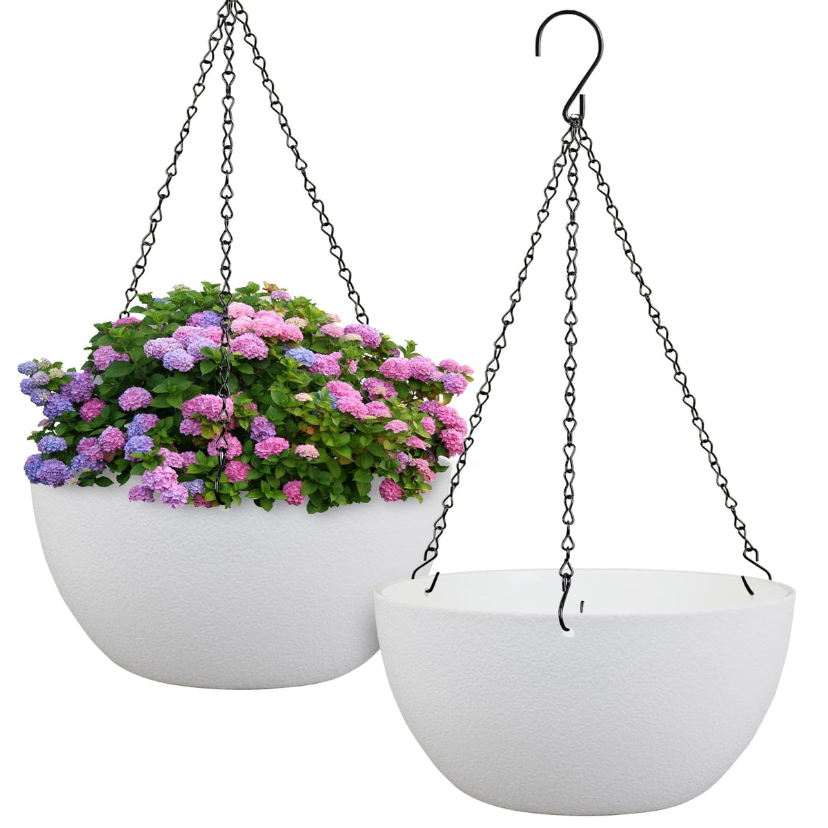 Meowell 10 inch Hanging Planters for Indoor Outdoor Plants, 2 Pack Hanging Flower Pots with Drainage Holes and Chain for Garden Porch, Round Plastic Hanging Baskets for House Plants, Black