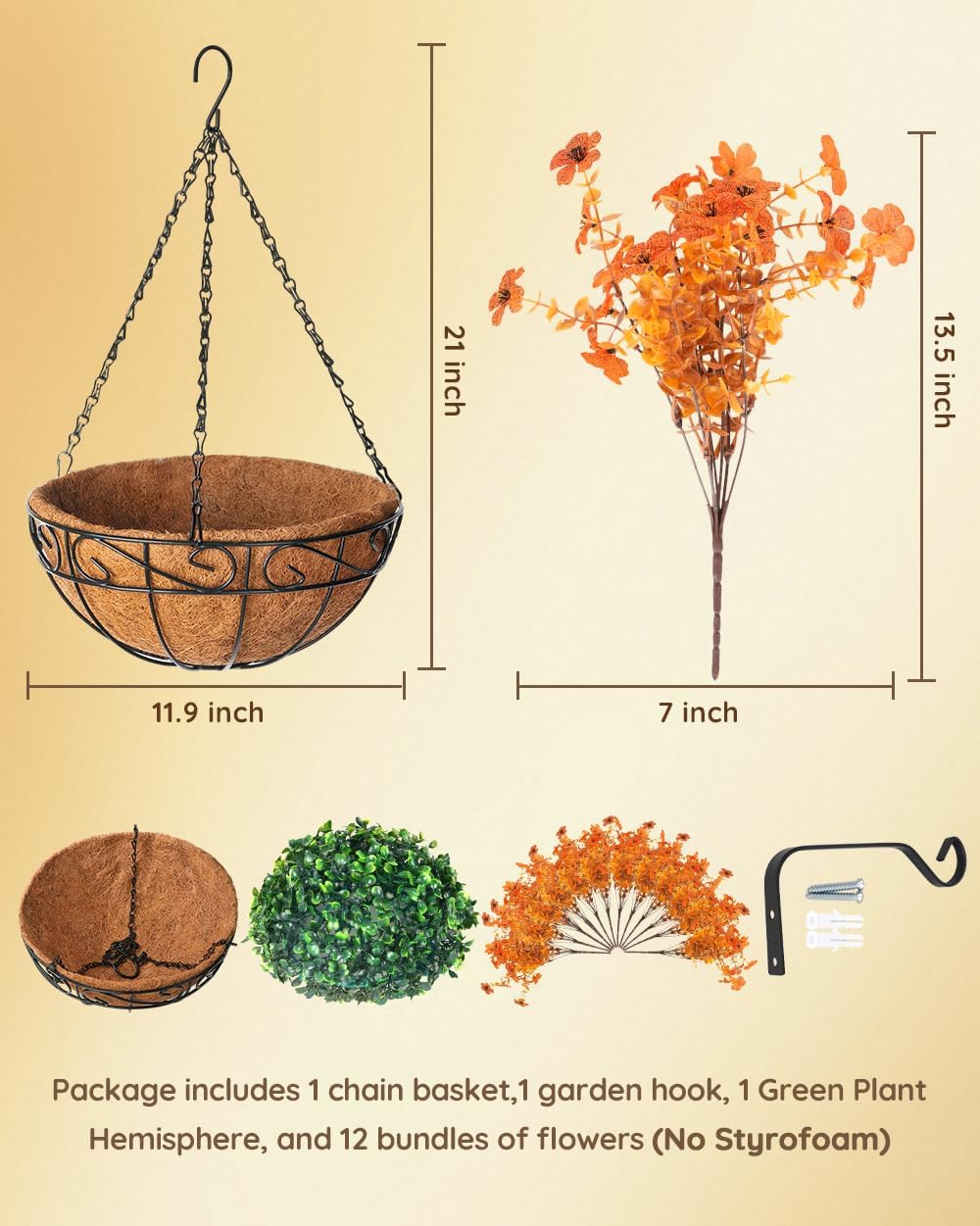Artificial Fake Orange Fall Mums Flowers Planter Hanging Basket for Outdoor