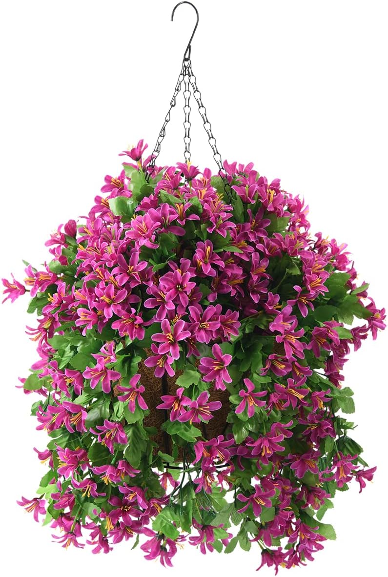 INQCMY Fake Hanging Flowers with Basket Artificial Violet for Outdoor